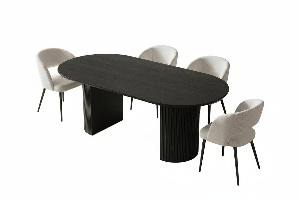 T-1643 | C-1644 Dining Set, 5Pc, Cream Chairs, Black 71" Oval Table, Fluted Base