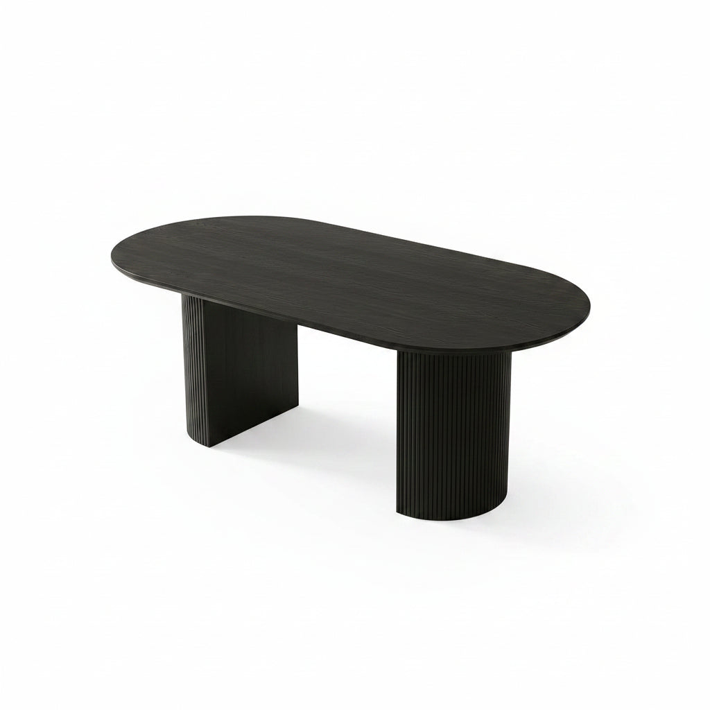 T-1643 Dining Table, Black, 71" Oval, Fluted Pedestal Base, Durable Engineered Wood