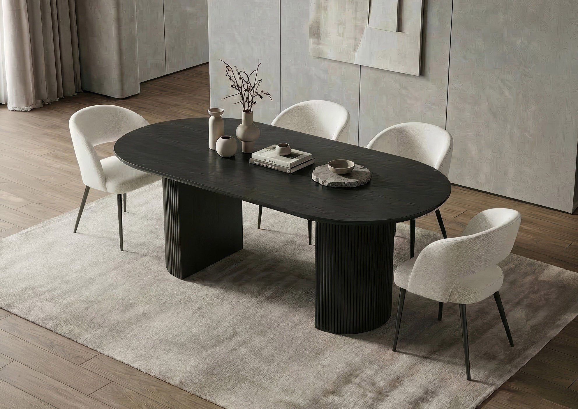 T-1643 | C-1644 Dining Set, 5Pc, Cream Chairs, Black 71" Oval Table, Fluted Base