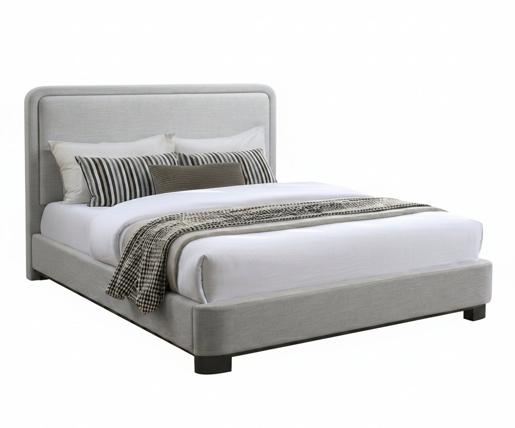 IF-5911 Bed, Natural Wood Frame, Soft Light Grey Fabric
