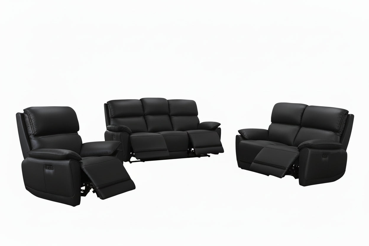 IF-8171 Power Recliner Set, 3pc, Soft Black, Genuine Leather/Match, USB Charging