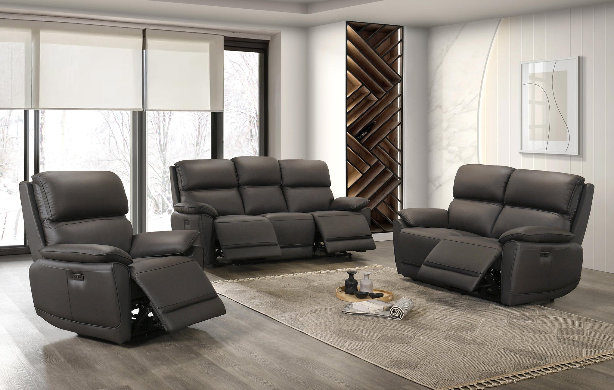 IF-8170 Power Recliner Set, 3pc, Soft Chocolate Brown, Genuine Leather/Match, USB Charging