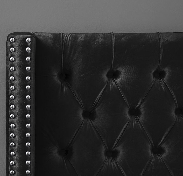 IF-5893 Bed, Black, Velvet Fabric, Tufted Headboard