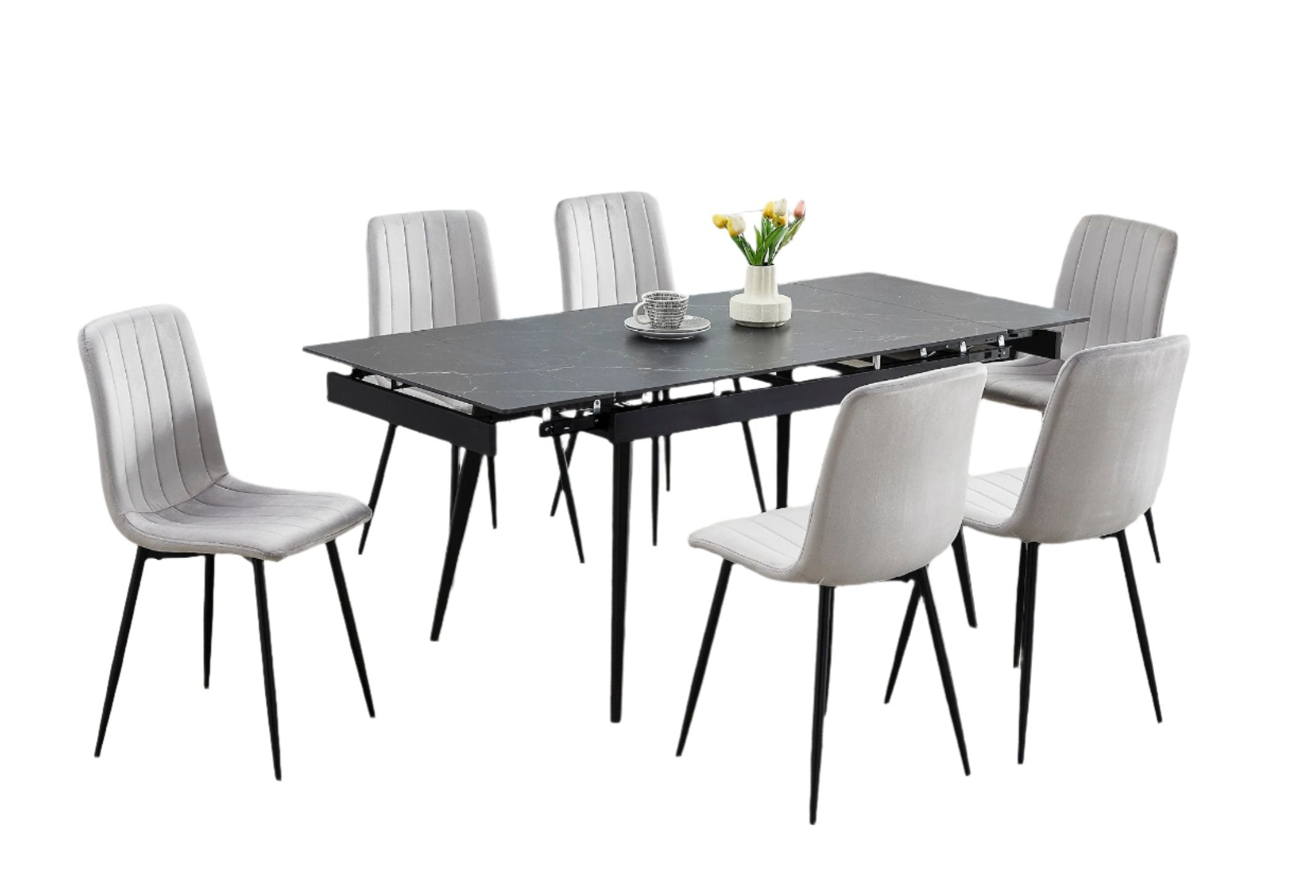 T-1472 | C-1473 Dining Set, 7Pc, 48"-71" Extension Table, Sintered Stone Black Mable, Light Grey Velvet Chairs