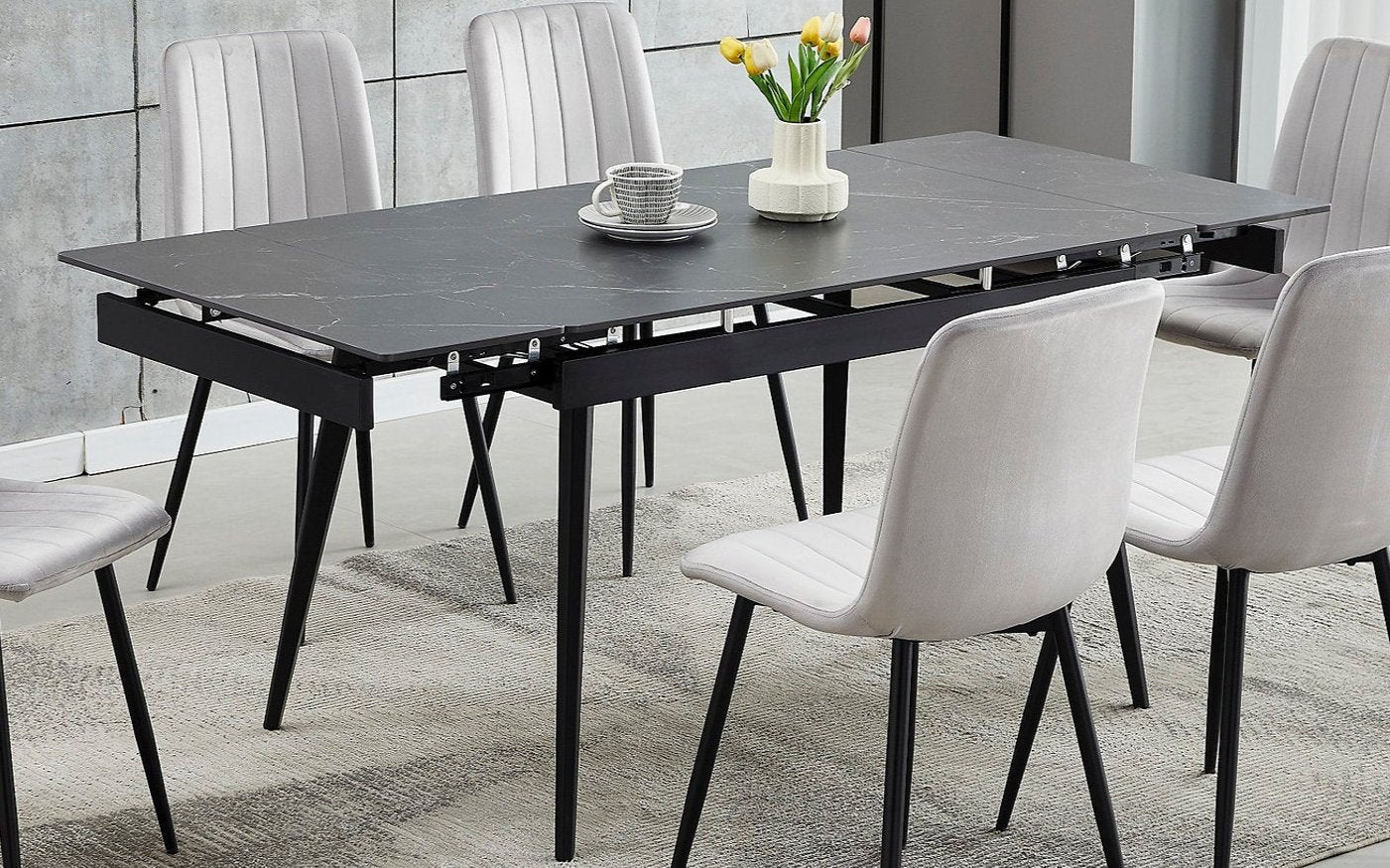 T-1472 Dining Table, 48"-71" Extension Table, Sintered Stone Black Mable