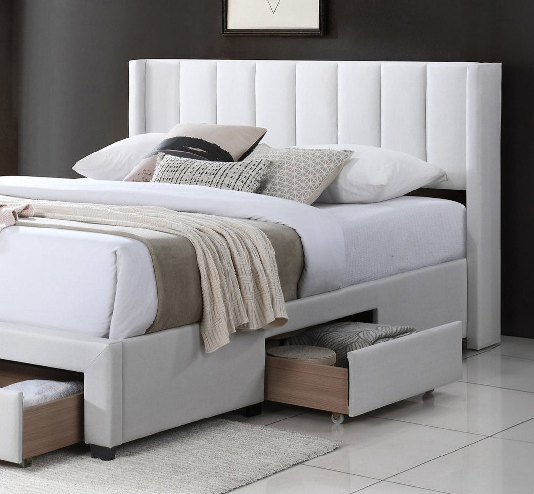 IF-5331 Bed, White, Soft Touch Creme Fabric, 3 Pull-Out Storage Drawers