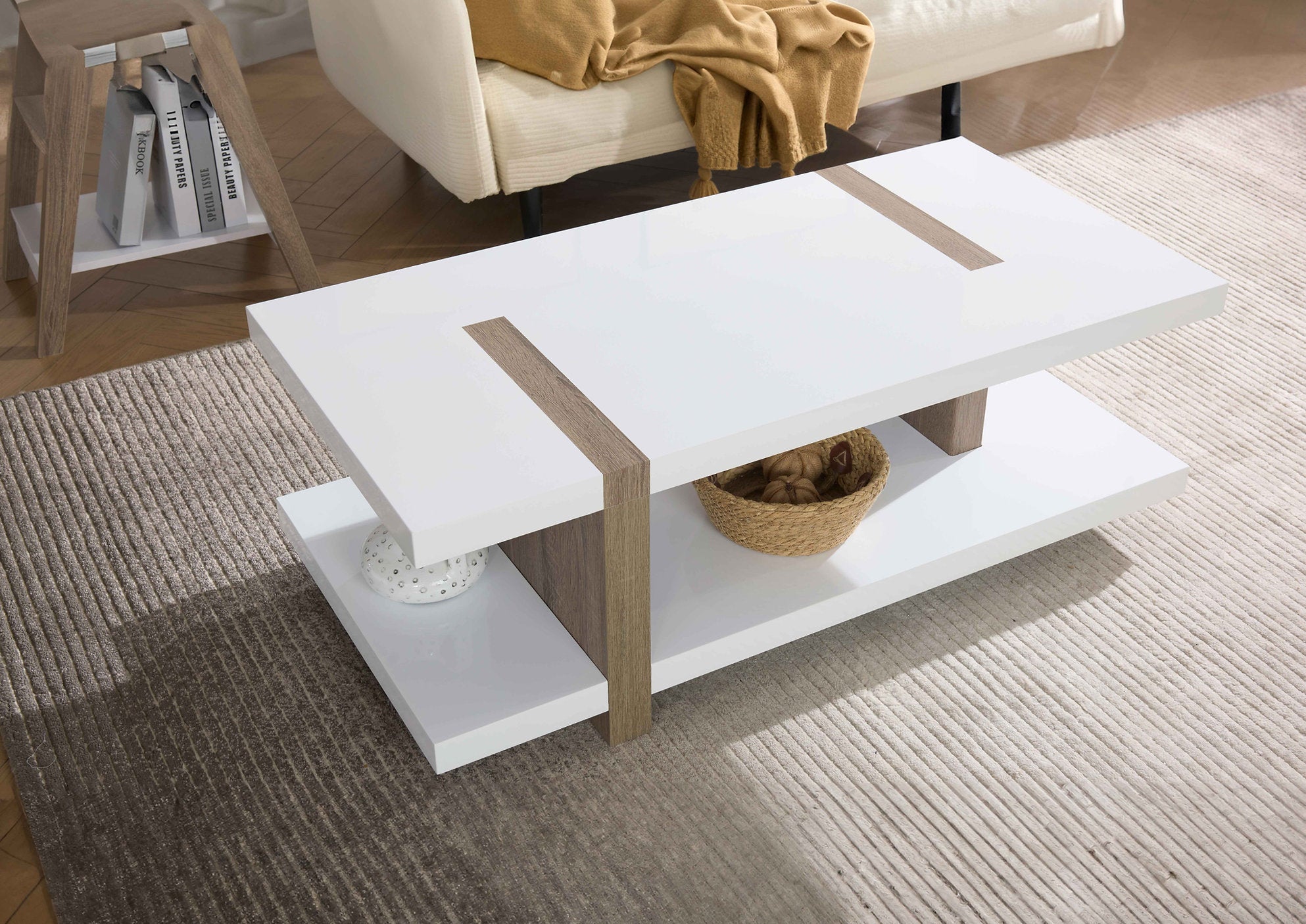 IF-3530 Coffee Table, White Top, 48", Brown Frame, Modern Style