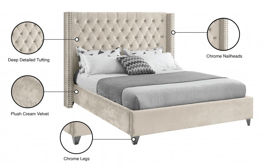 IF-5892 Bed, Cream, Velvet, Deep Tufted Headboard