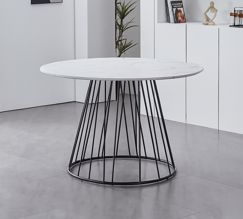 T-1590 Dining Table, 48" Round, White Faux Marble Top, Black Pedestal Steel Base