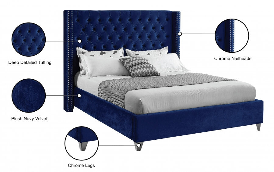 IF-5891 Bed, Blue, Velvet, Tufted Headboard