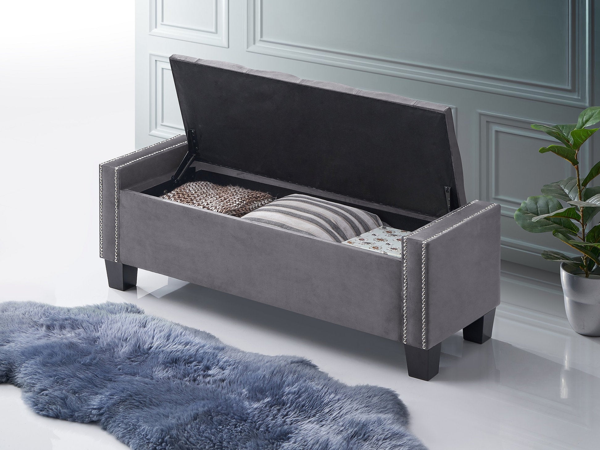 IF-6200 Bench, Grey, Velvet, 48" Wide, Enclosed Storage