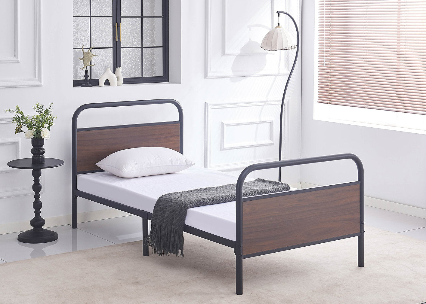 IF-5255 Bed, Black, Metal Frame, Brown Wood Panel Accents