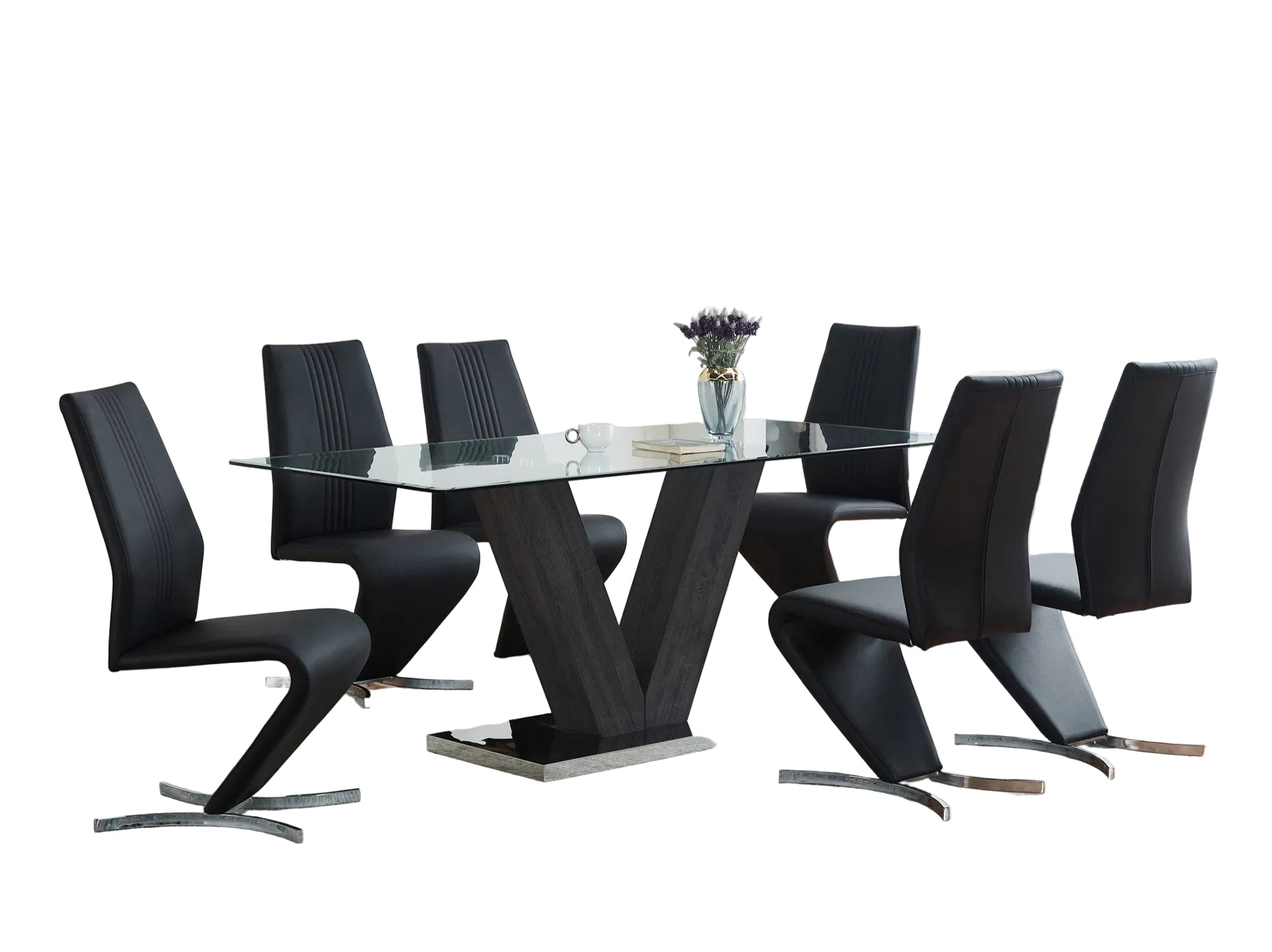 T-1402 Dining Table, 71" Long, Clear Glass Top, V-Shaped Grey Pedestal, Stainless Steel Base