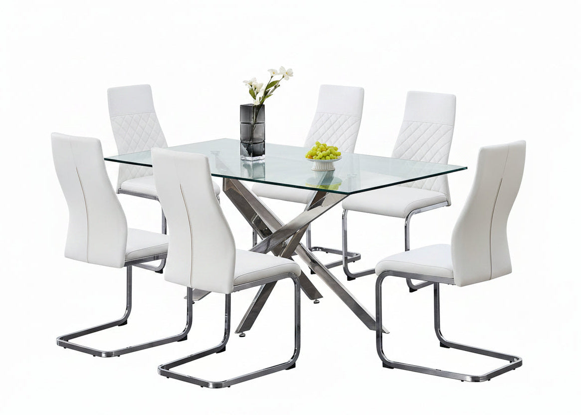 T-1448 | C-1575 Dining Set, 7 Pc, 63" Table + 6 Chairs, Chrome + Glass Table, Chrome + White Chairs