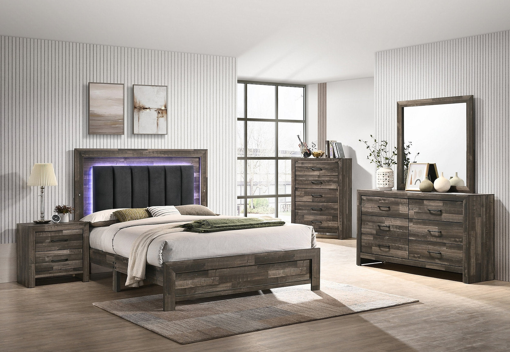 "ATHENS" Deluxe Bedroom Set, OR Individual pieces, Driftwood Brown, Led Lights