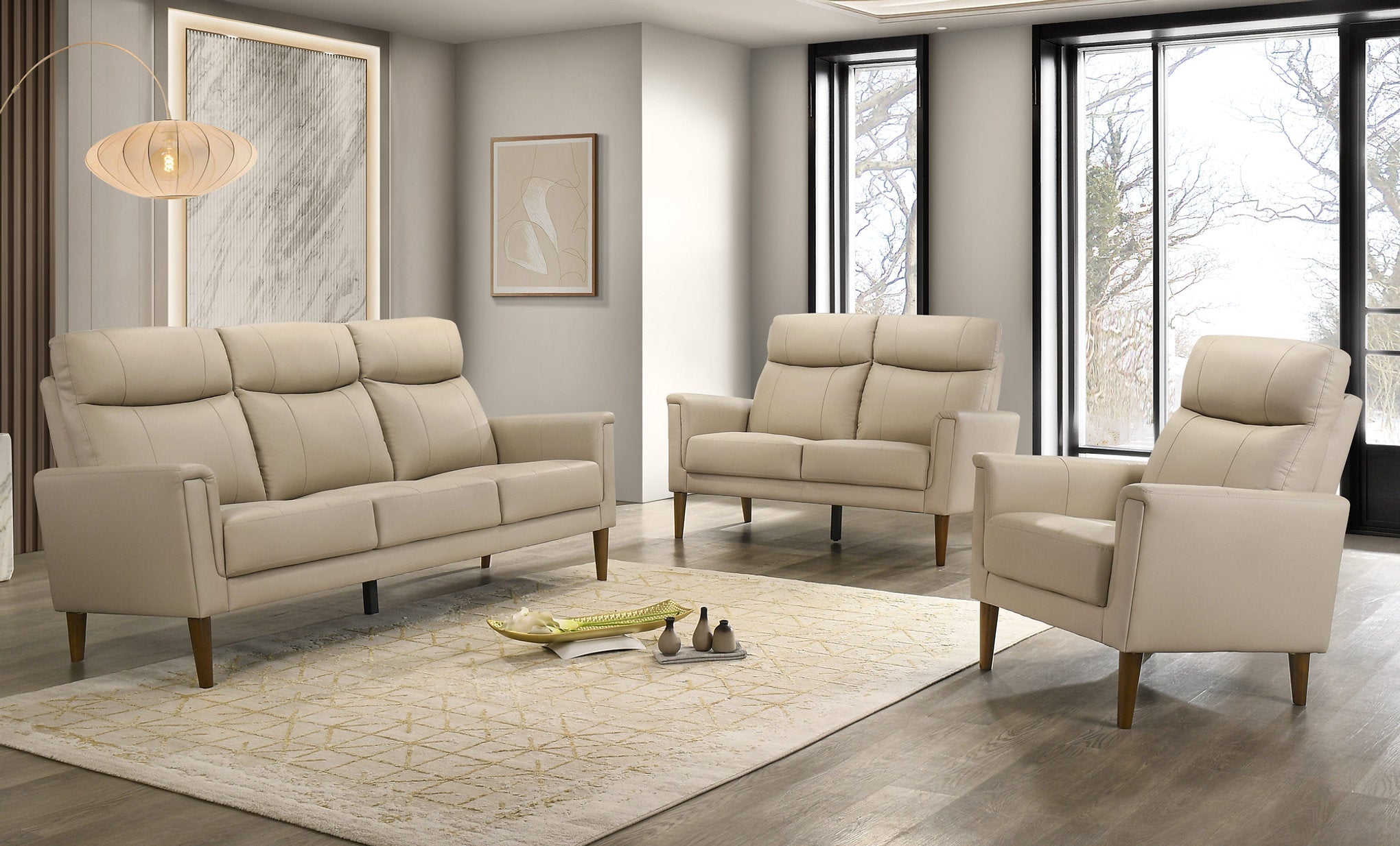 IF-8012 Sofa Set, 3pc, Premium Soft Cream Beige Leather Match, Sleek Modern Design, High End Look