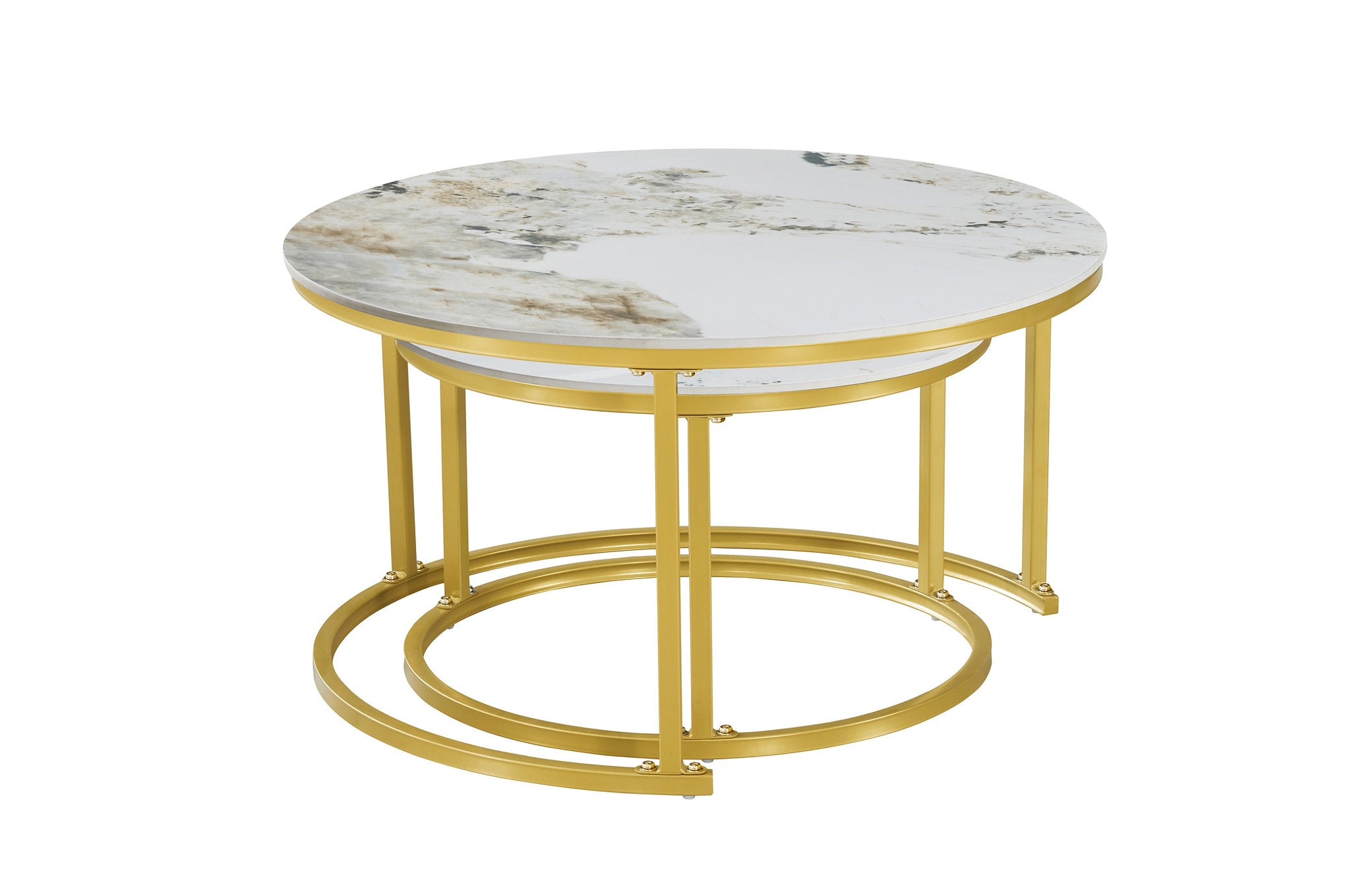 IF-2632 Coffee Table Set, 2Pc, Nested, Sintered Stone Pandora Top, Gold Steel Base