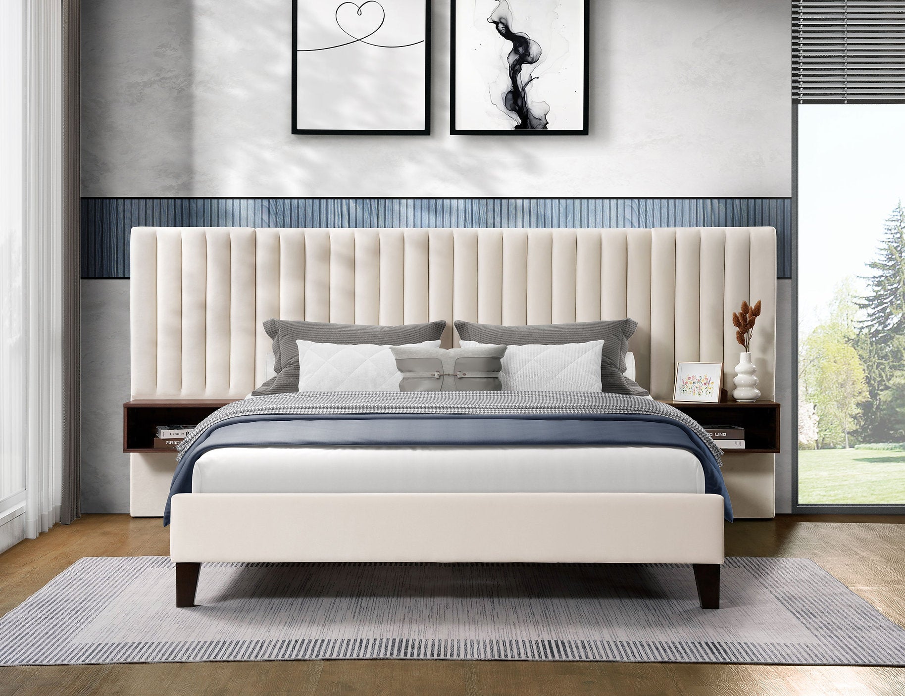 IF-5561 Bed, Beige, Velvet, Includes 2 Brown Night Stands
