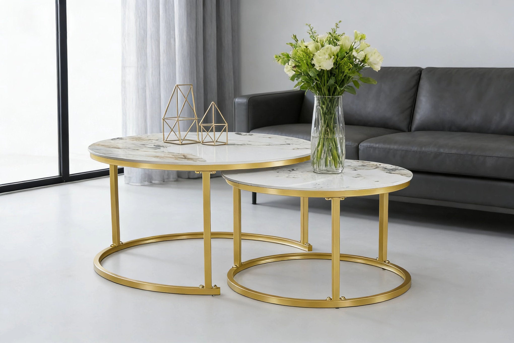 IF-2632 Coffee Table Set, 2Pc, Nested, Sintered Stone Pandora Top, Gold Steel Base