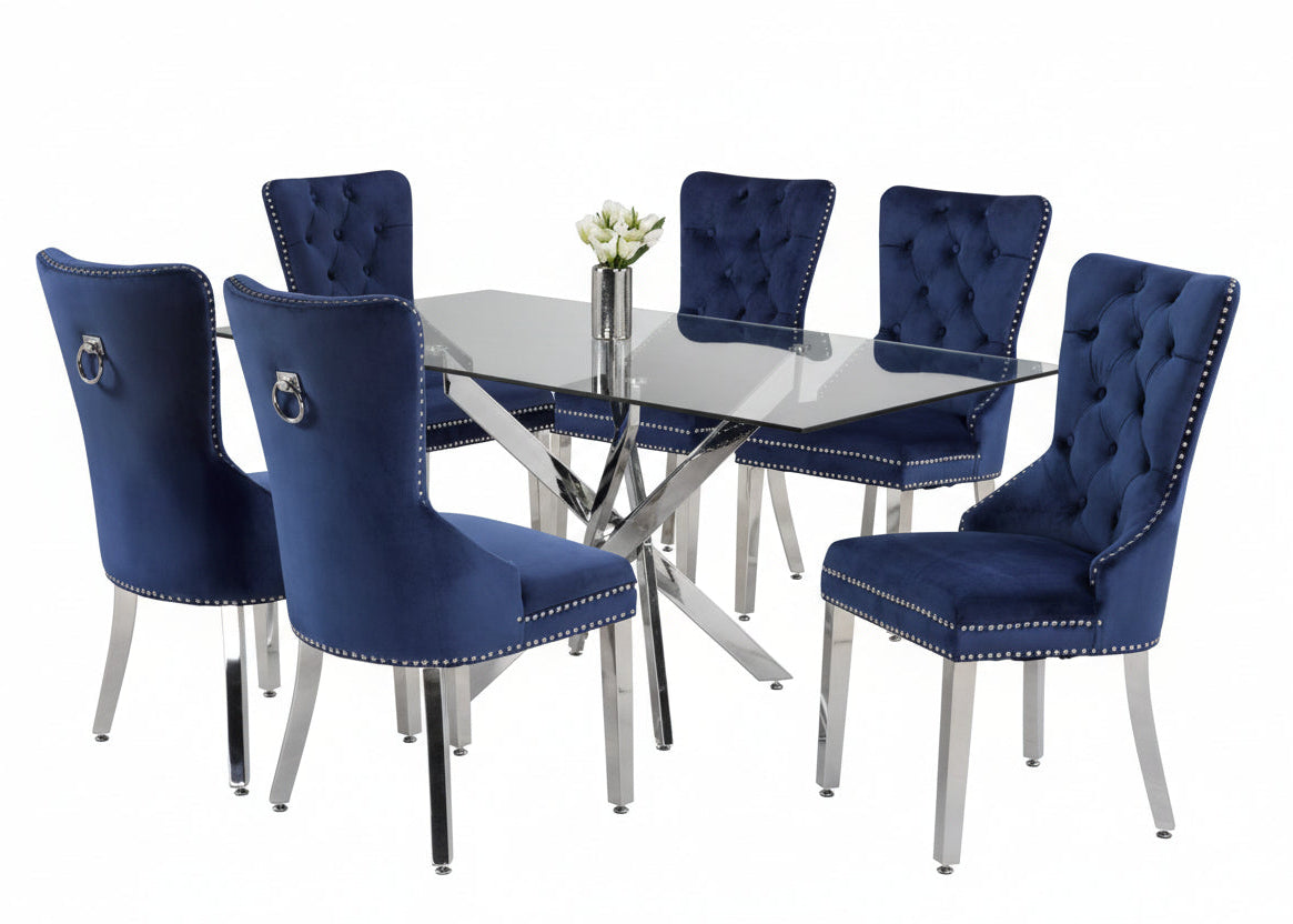 T-1448 | C-1262 Dining Set, 7 Pc, 63" Table + 6 Blue Velvet Chairs, Chrome Steel Table Legs, Glass Top