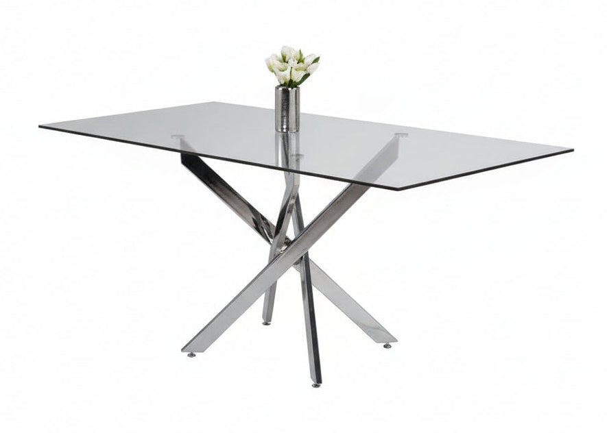 T-1448 | C-1579 Dining Set, 7 Pc, 63" Table + 6 Chairs, Chrome + Glass Table, Black + Black Chairs