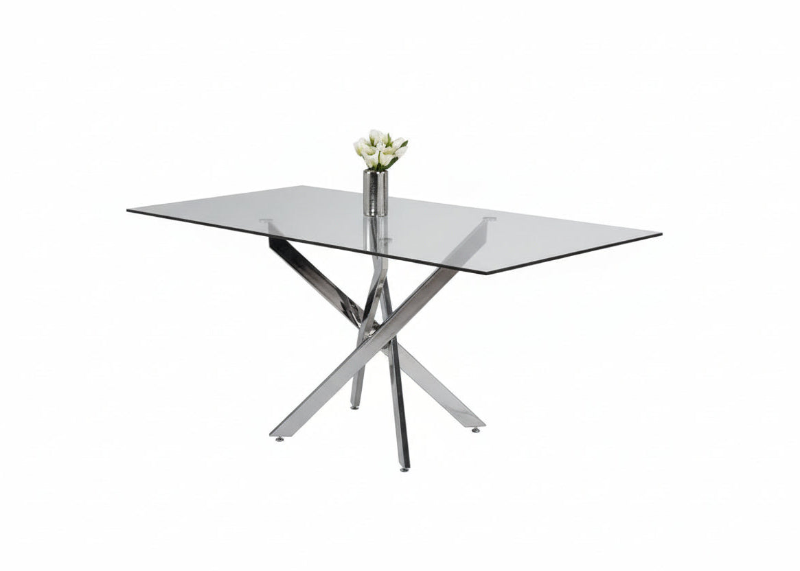 T-1448 | C-1879 Dining Set, 7 Pc, 63" Table + 6 Grey Chairs, Chrome Steel Table Legs, Glass Top