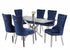 T-1448 | C-1262 Dining Set, 7 Pc, 63" Table + 6 Blue Velvet Chairs, Chrome Steel Table Legs, Glass Top
