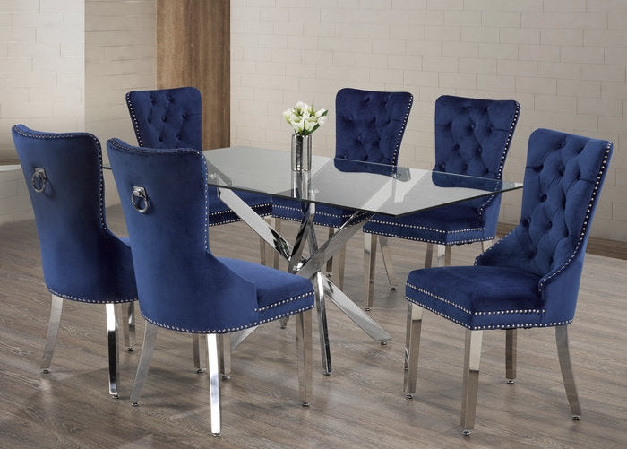 T-1448 | C-1262 Dining Set, 7 Pc, 63" Table + 6 Blue Velvet Chairs, Chrome Steel Table Legs, Glass Top