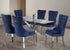 T-1448 | C-1262 Dining Set, 7 Pc, 63" Table + 6 Blue Velvet Chairs, Chrome Steel Table Legs, Glass Top