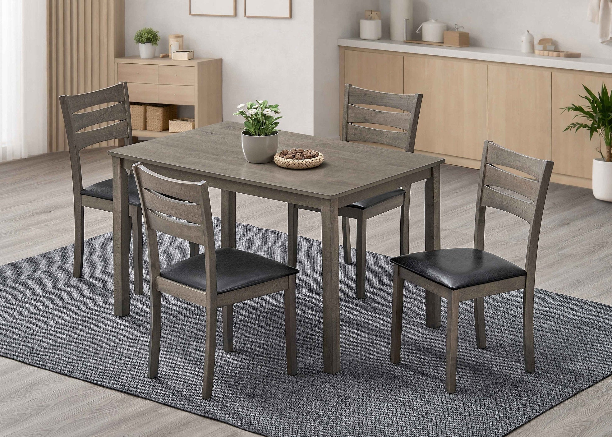 T-1050 | C-1053  Dining Set, 5 Pc, 48" Table + 4 Chairs, Antique Grey, Black Faux Leather Seat Chairs