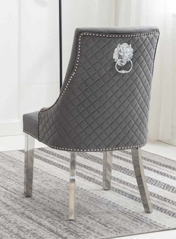 T-1448 | C-1250 Dining Set, 7 Pc, 63" Table + 6 Grey Tufted Velvet Chairs, Chrome Steel Table Legs, Glass Top