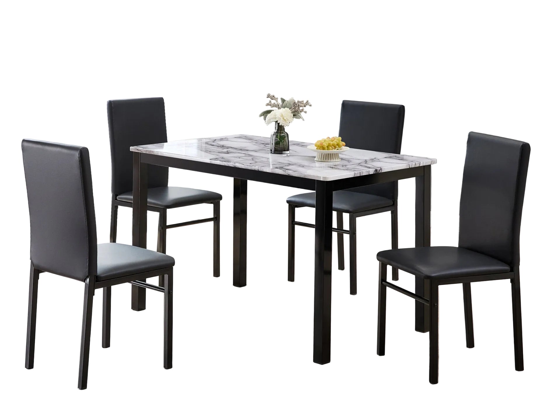 IF-1056 Dining Set, 5 Pc, 48" Table + 4 Black Chairs, White Faux Marble Top Table