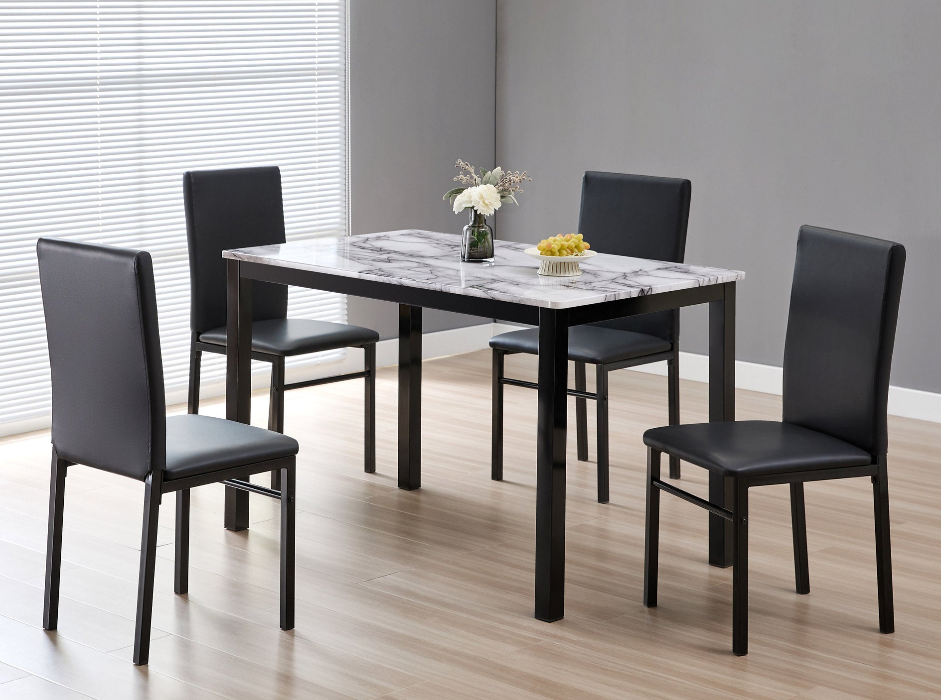 IF-1056 Dining Set, 5 Pc, 48" Table + 4 Black Chairs, White Faux Marble Top Table
