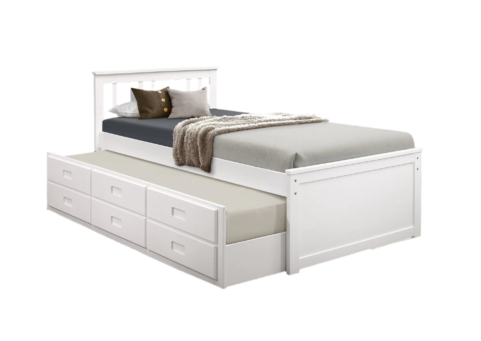 IF-300W Captain's Bed, White, Wood, Trundle, 3 Storage Drawers, Single / Single