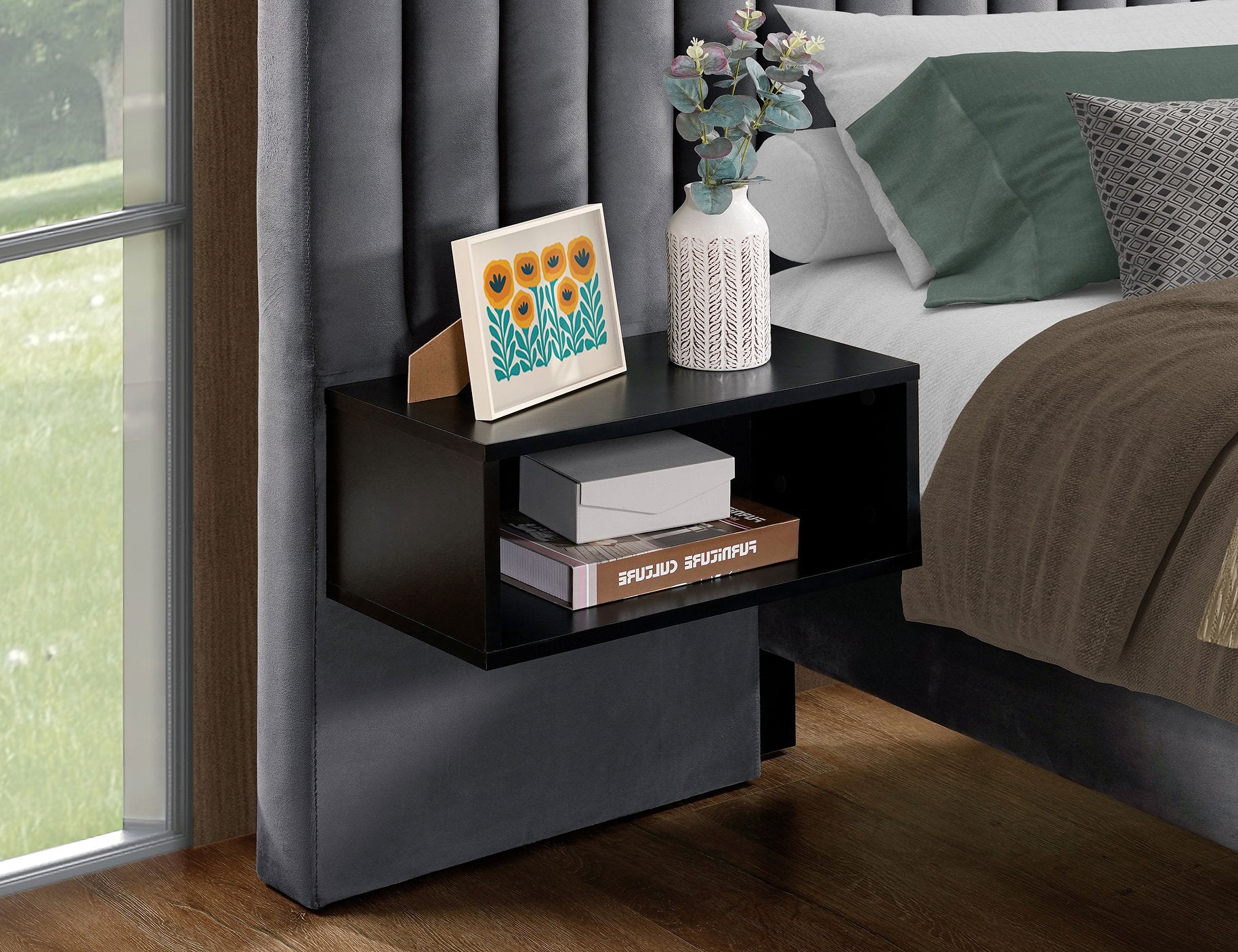 IF-5560 Bed, Grey, Velvet, Includes 2 Black Night Stands