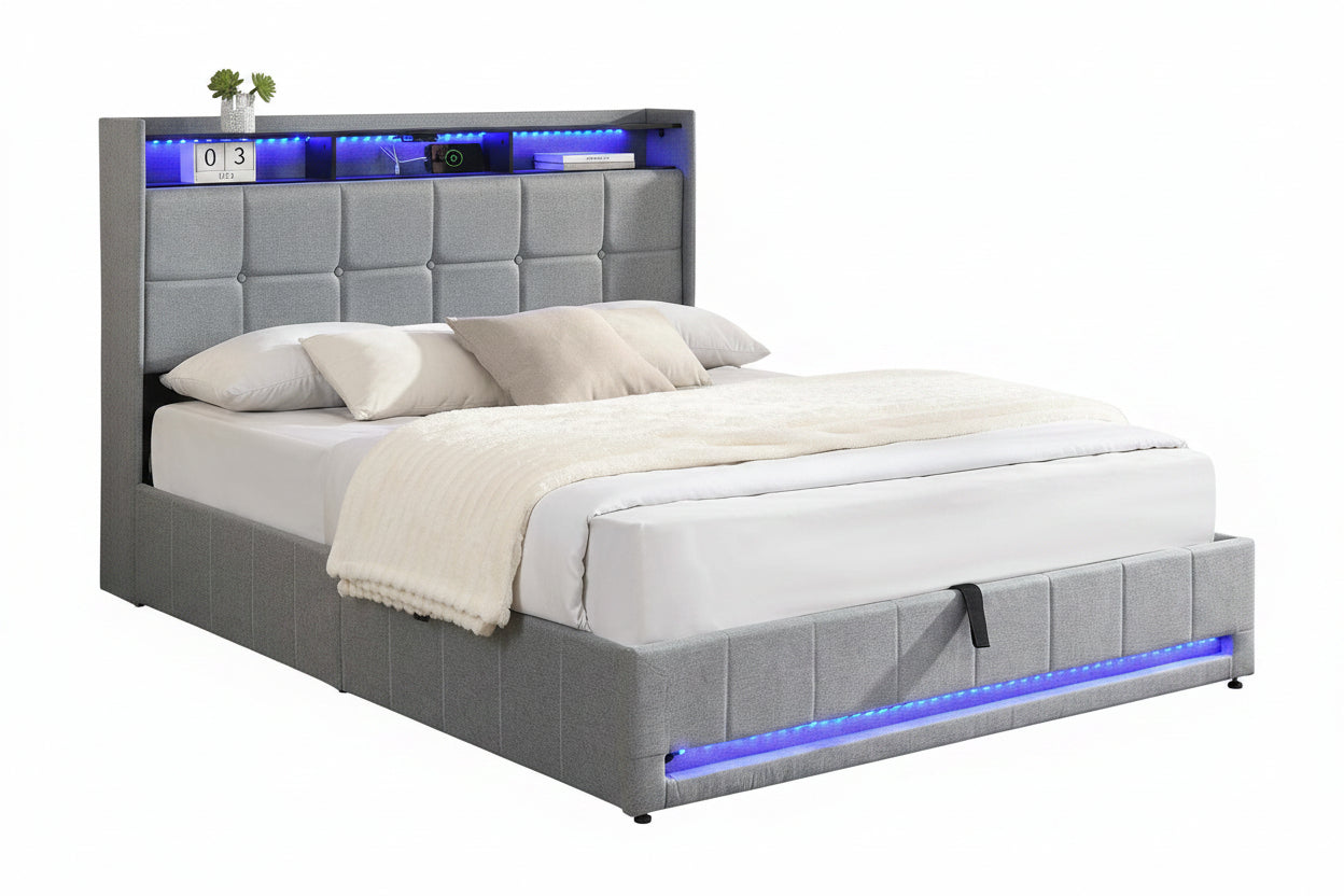 IF-5403 Lift Bed, Grey, Fabric, Button Tufting, Under Bed Storage, Hydraulic Lift for Easy Lifting, USB Charging, LED Accent Lighting, Remote Control
