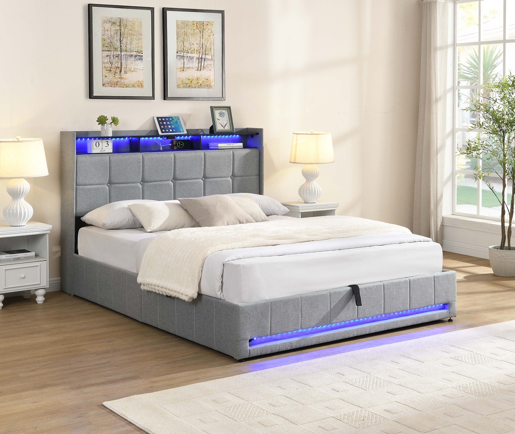 IF-5403 Lift Bed, Grey, Fabric, Button Tufting, Under Bed Storage, Hydraulic Lift for Easy Lifting, USB Charging, LED Accent Lighting, Remote Control