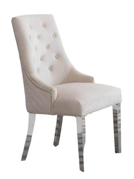 T-1448 | C-1253 Dining Set, 7 Pc, 63" Table + 6 White Tufted Velvet Chairs, Chrome Steel Table Legs, Glass Top
