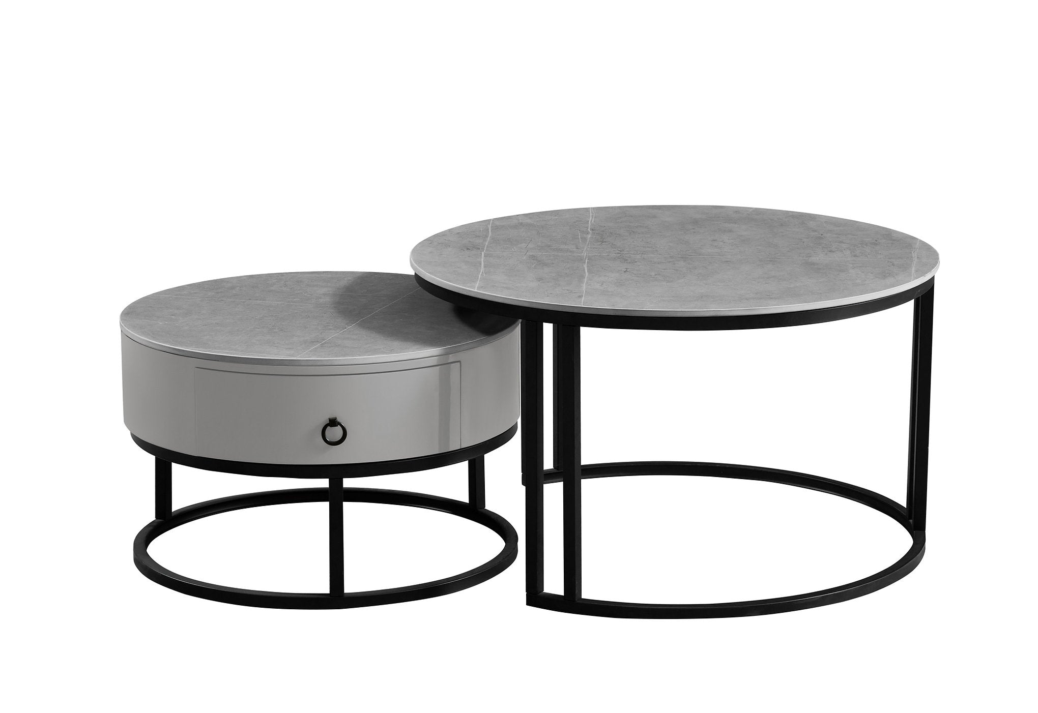 IF-2668 Coffee Table Set, 2Pc, Nested, Armani Grey Stone Top, Black Steel Base