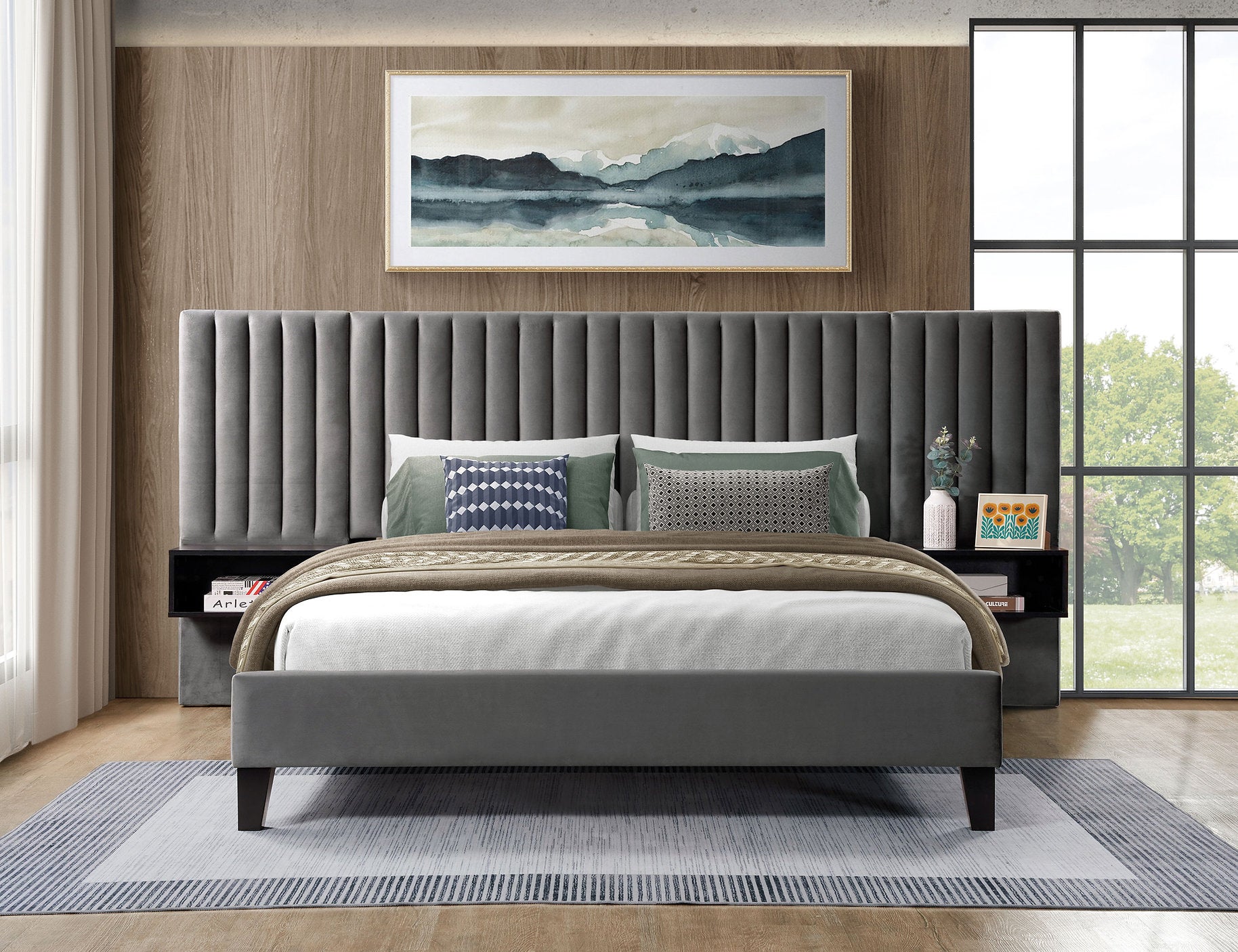 IF-5560 Bed, Grey, Velvet, Includes 2 Black Night Stands
