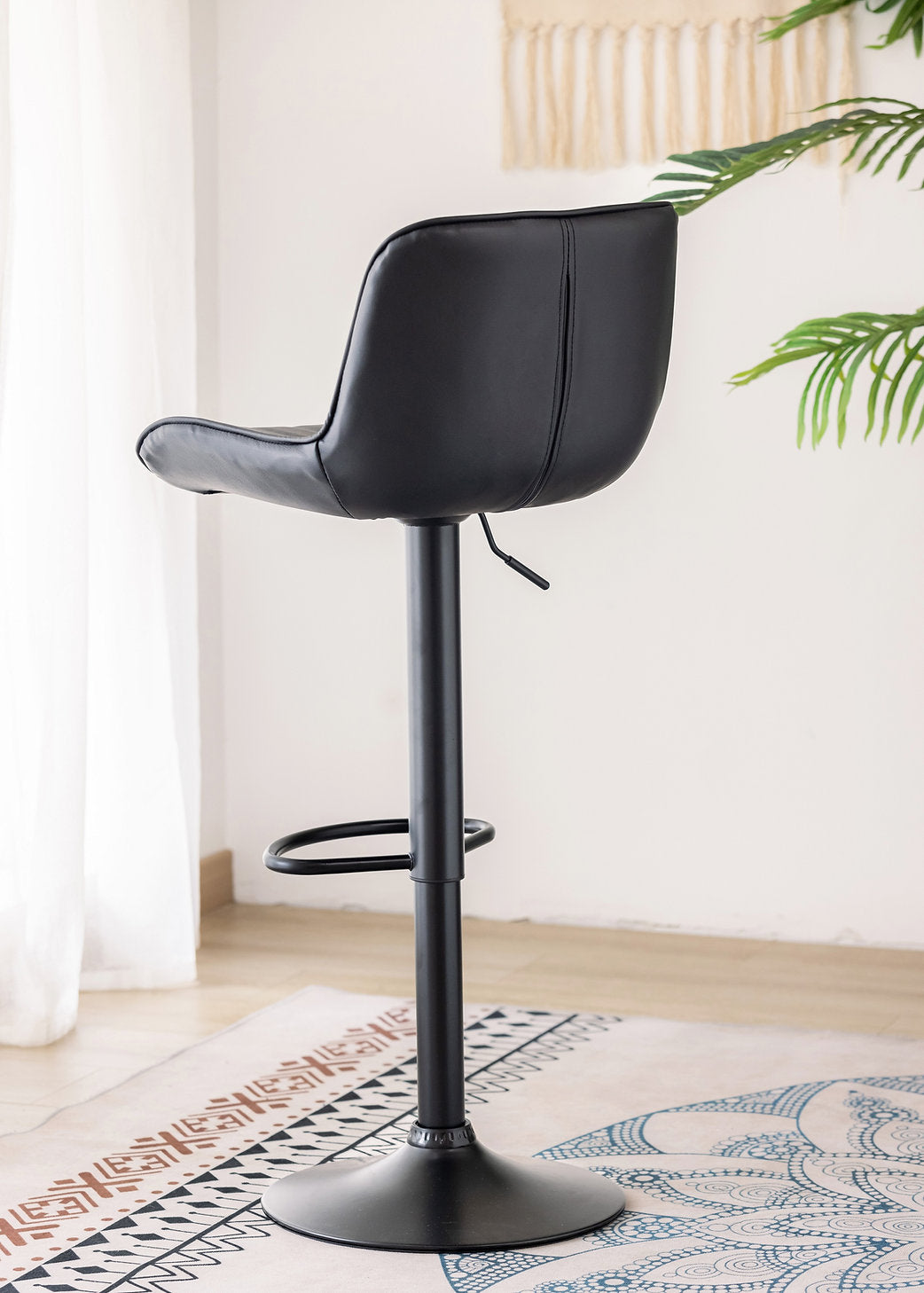 ST-7820 Barstool, Black Faux Leather, Adjustable Height, Black Base, Footrest