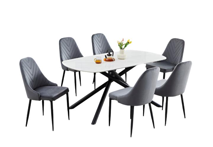 T-1530 | C-1532 Dining Set, 7Pc, 63" Table, Sintered White Marble Top, Dark Grey Velvet Chairs