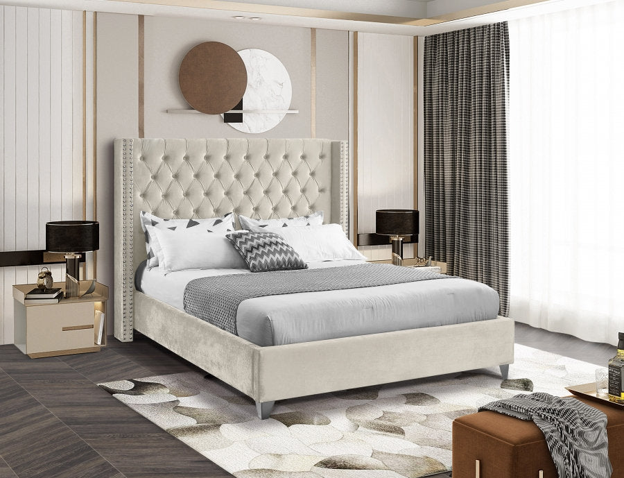 IF-5892 Bed, Cream, Velvet, Deep Tufted Headboard