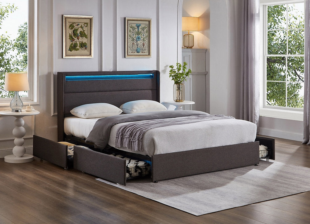 IF-5343 Bed, Grey, Wing Design, Fabric, LED Lights, Charging Ports, Storage Drawers