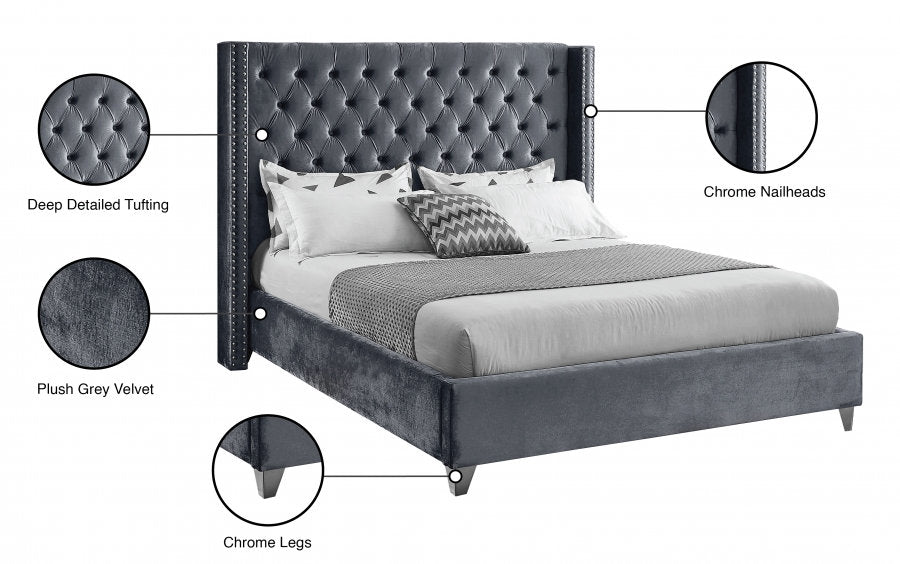 IF-5890 Bed, Grey, Velvet, Tufted Headboard, Chrome Legs, Nailhead Detail