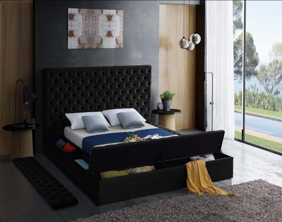 IF-5793 Bed, Black, Velvet Fabric, 3 Storage Benches