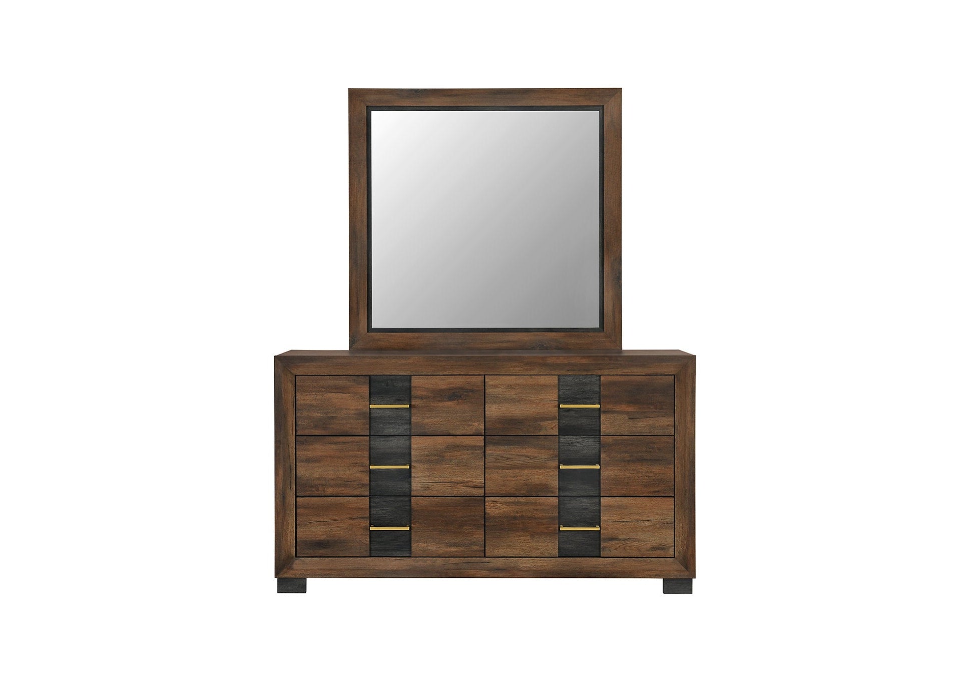 "OPTIMUS" Dresser + Mirror, Two Tone Dark Brown + Walnut Color, 6 Drawers