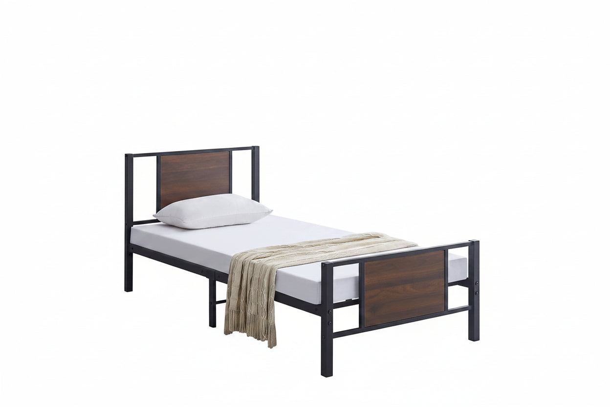 IF-5275 Bed, Black, Metal Frame, Wood Panel Accents