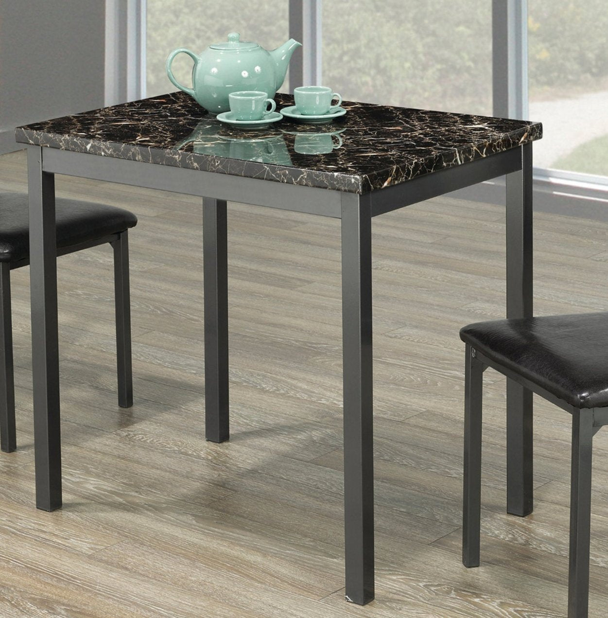 T-1211 /  T-1210 Dining Table , 32", Dark Faux Marble Top, Gun Metal Grey Frame