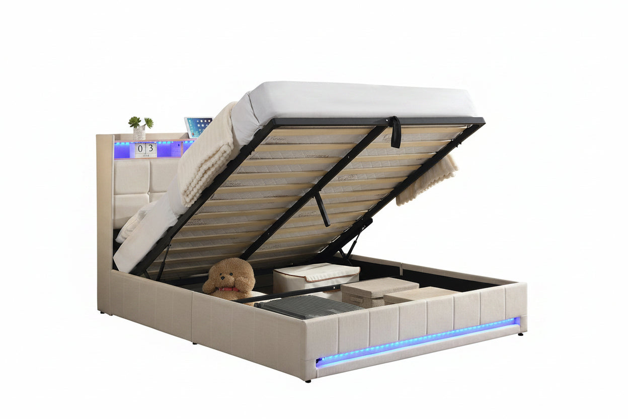 IF-5404 Lift Bed, Beige, Fabric, Button Tufting, Under Bed Storage, Hydraulic Lift for Easy Lifting, USB Charging, LED Accent Lighting, Remote Control
